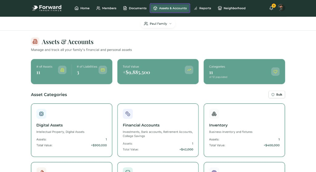Assets and accounts view with categories and portfolio totals in Family Asset Manager